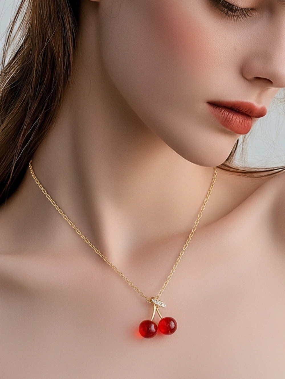 Cherry Pendant Necklace Gold Red Fruit Charm CZ Cherrycore Coquette Kawaii Glam